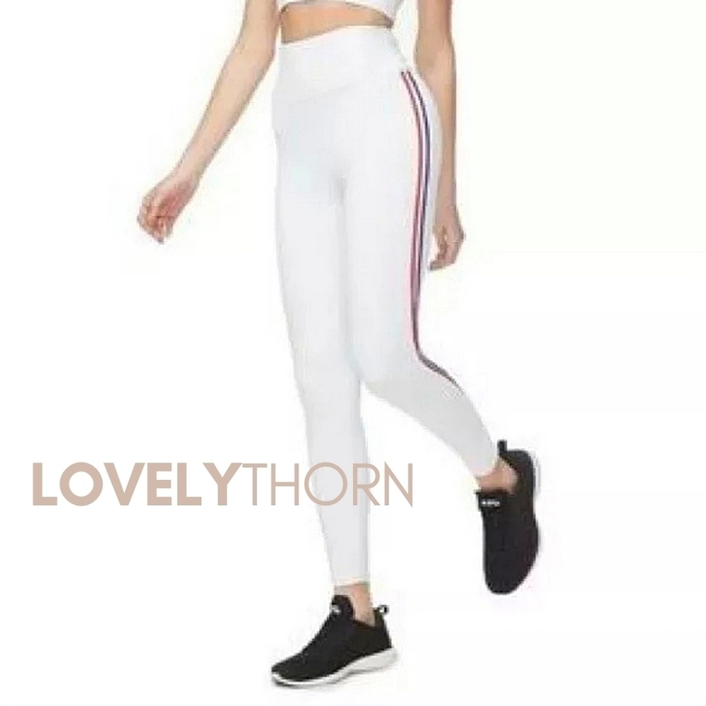 GOOD AMERICAN // white high rise 7/8 leggings red & blue side stripes - Picture 5 of 9